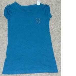 Girls Pocket Shirt 16 Mudd Teal Blue Tabbed Short Sleeve Tee Unfinished Hems